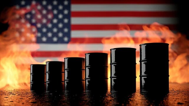 burning oil barrels with waving us american flag in background