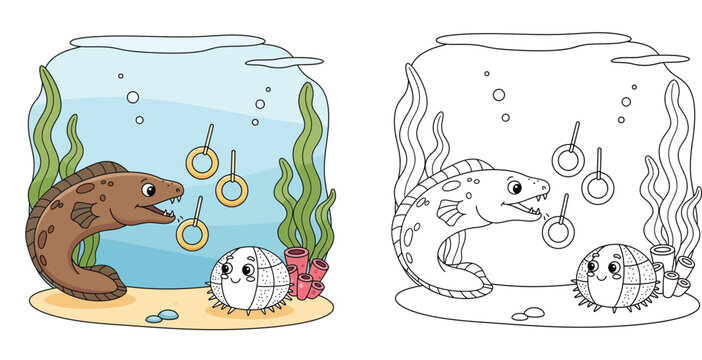 Cute cartoon moray eel and smiling sea urchin playing with floating golden rings underwater on sandy ocean floor vector illustration