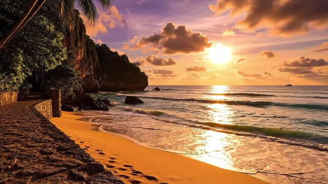 Sunset Coastal Trail: A scenic coastal path winds along a sandy beach as the sun dips below the horizon, painting the sky with vibrant hues.