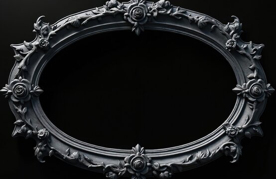 Dark oval frame with ornate gothic floral designs. This empty border has intricate carvings and a vintage style, perfect for spooky or elegant photos.
