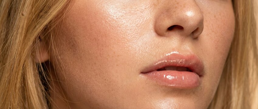 Close-up de pele limpa e saud&aacute;vel do rosto feminino. Conceito de skincare, beleza natural, hidrata&ccedil;&atilde;o e spa.