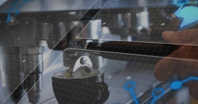 3D render showing espresso machine portafilter brewing dark coffee under digital data overlay