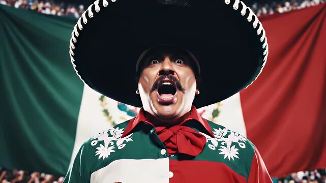 Excited man in sombrero celebrates with Mexican flag and crowd