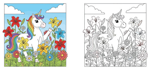 Beautiful white unicorn with rainbow mane standing in colorful flower garden, magical fantasy vector illustration for kids, cute pony with lilies and daisies in nature. © MstSangita