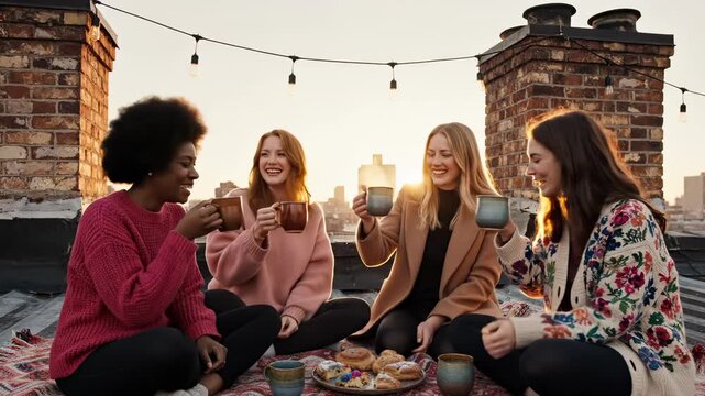 Four happy women friends sit on rooftop blanket at sunset. Group of women drinking coffee and talking. Friends enjoy tea time with city view. Women toast with mugs outdoors. Relaxing rooftop party.