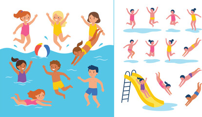 Kids Swimming Pool Illustration Set with Children Playing in Water, Jumping, Diving, and Summer Pool Activities for Vacation and Recreation Design