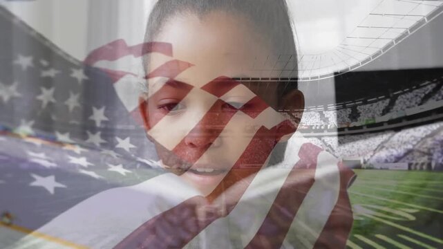 Girl reading script and activating flag overlay with stadium view while pledging for education