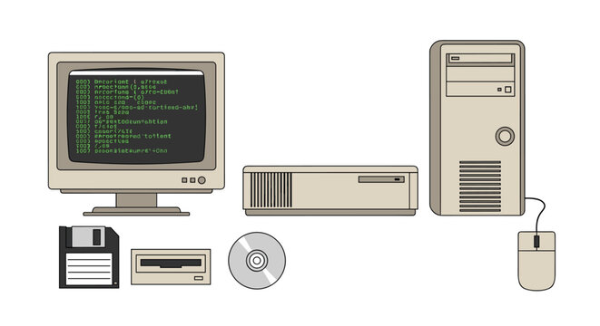 A retro desktop computer setup with a CRT monitor, two towers, floppy disk, CD-ROM, and mouse is displayed on a white background.