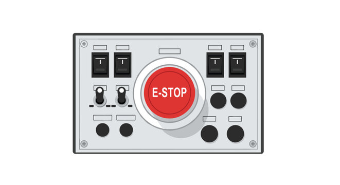 A grey control panel with an E-STOP button, four toggle switches, and other controls is centered on a white background.