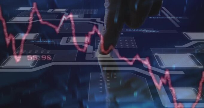 Index finger pressing tech grid, activating circular scan and updating real-time data graph