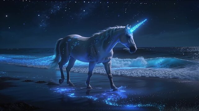 magical beach at night with bioluminescent blue waves and majestic unicorn with glowing horn perfect for national unicorn day