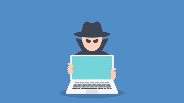 Hacker with laptop computer stealing confidential data, personal information and credit card detail. Hacking concept.