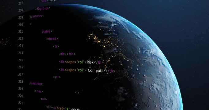 Rotating Earth causing HTML overlay updating table headings, nav links creating cybersecurity menu