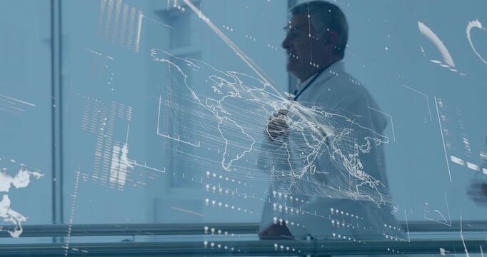 Senior exec adjusting lanyard leading peer walking past glass with shifting data map for review