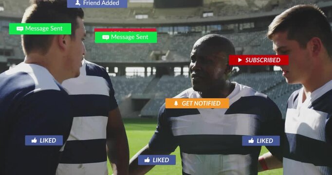 Team captain calling football huddle on turf and showing animated alerts, team refocusing for play