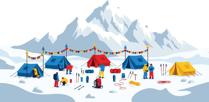 Mountain base camp with tents climbers equipment and snowy peaks expedition adventure vector illustration isolated on white background