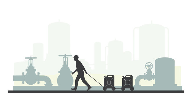 A man's silhouette pulls two jerrycans on a cart in front of a silhouetted industrial complex with tanks and pipes.