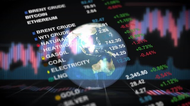 Global market dashboard visual showing commodities like oil, gas and coal alongside cryptocurrency and stock data, with dynamic charts and Earth visualization representing worldwide trading activity.