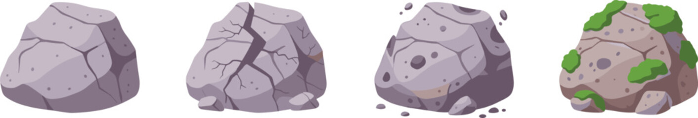 Cartoon Rock Evolution Vector Set with Cracked Stones, Weathered Boulder and Moss Covered Rock Illustration Collection © EdGe Creative