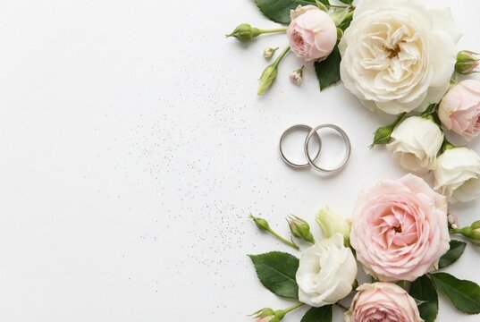 elegant flat lay of two wedding bands surrounded by white and pink blossoms on white background. ideal for wedding invitations, greeting cards, banners, or jewelry store promotional materials