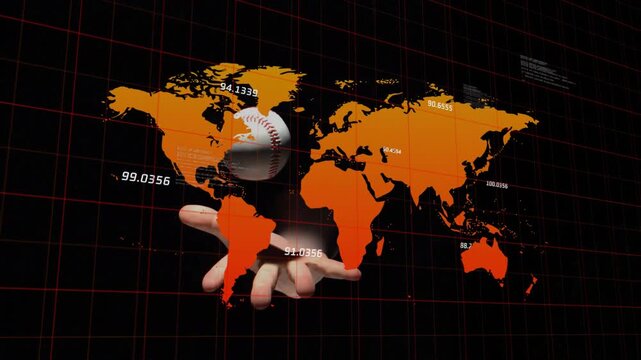 After red grid activating, hand emerging and rotating baseball, revealing global data
