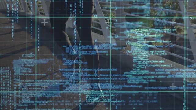 Male runner jogging on bridge starting tech code overlay syncing movement pausing surveying skyline