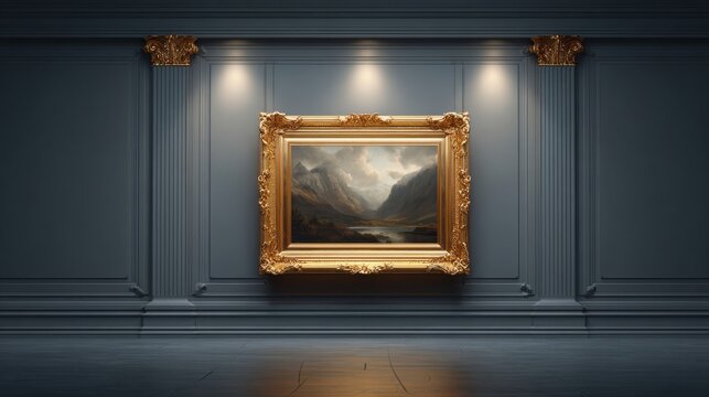 Ornate Baroque Gold Picture Frame Displaying a Majestic Mountain Landscape Painting in a Dimly Lit Gallery