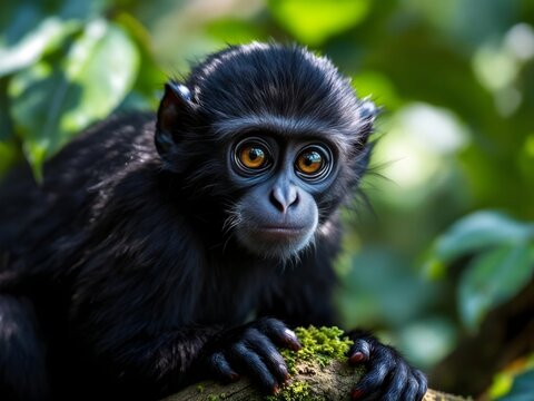Cute Baby Monkey Portrait in Green Forest