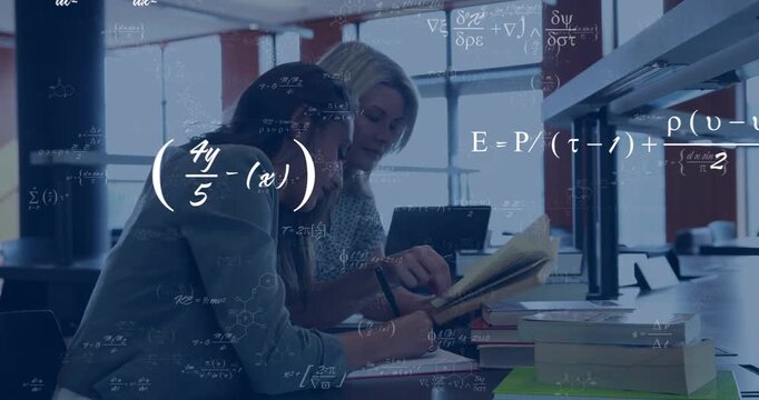 Tutor pointing at study book, leading student writing notes while math formulas, diagrams appearing