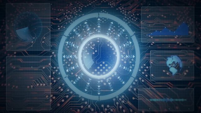 Data pulse activating central HUD, inner orb rotating and pulsing, panels updating system status