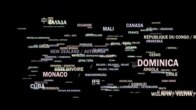 Animated composition of world country names floating across a dark background, showcasing multilingual typography and global diversity in a dynamic motion graphic style.