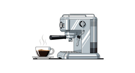 A silver espresso machine with a black portafilter stands beside a steaming cup of dark coffee on a saucer against a white background. © Tilotoma