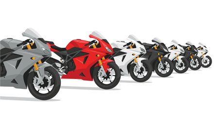 Obraz premium A diagonal line of seven sport motorcycles in grey, red, white, and black are depicted in side profile against a plain white background.