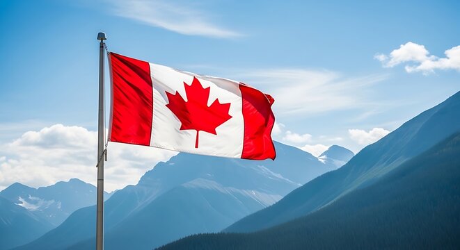 The canadian flag waving in front of a breathtaking mountain range