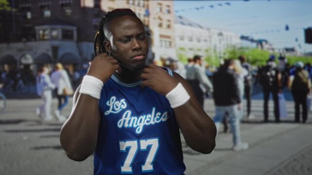 Man flexes biceps and smiles on a city street plaza wearing blue basketball jersey and wristbands; confidence pride strength.