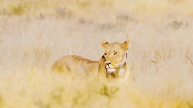 Slow motion footage of a Female Lioness Panthera leo standing in long grasses of Savanah.