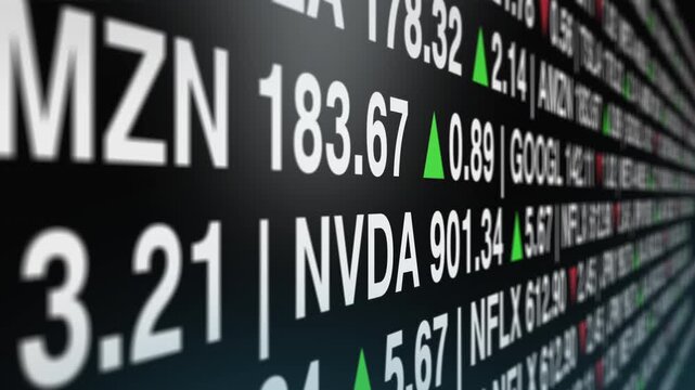 Close up of a digital stock ticker displaying company symbols and live price movements with green indicators, capturing the fast paced atmosphere of financial markets and trading environments.