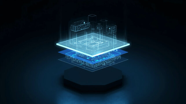 Holographic stack, Layered infrastructure blueprint, layered architecture holographic stack infrastructure blueprint digital layers circuit board geometry blue neon hologram platform virtualisation