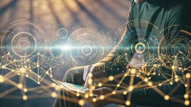 Man Interacting With Digital Interface Using Tablet Technology with Futuristic Elements