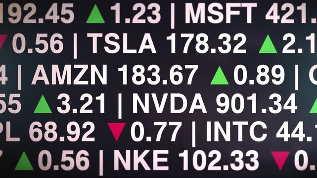 Wide financial ticker display showing stock prices, company abbreviations and real time changes with green and red arrows, illustrating dynamic stock market performance.