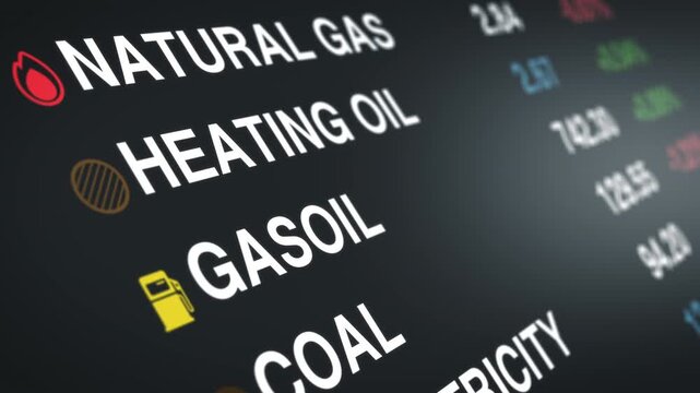 Close-up angle of an energy commodities market screen listing Brent crude, WTI crude and natural gas prices with dynamic indicators and modern trading interface design.