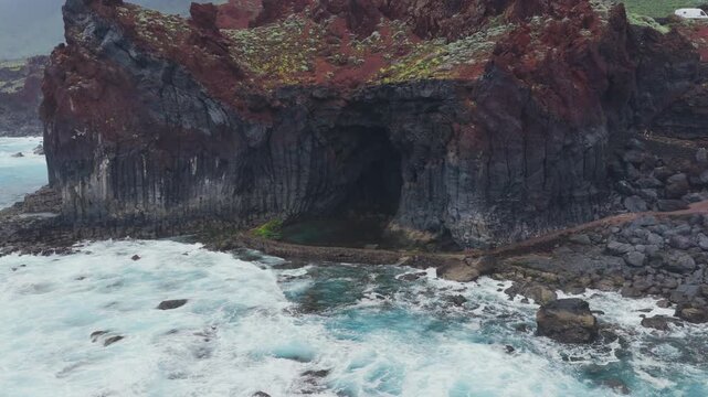 Aerial Panoramic View Pristine Rock Pool La Laja El Hierro Canary Islands Spain Natural Pool Volcanic Coastline