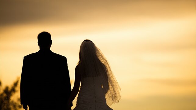 Bride and groom silhouetted against a sunset, capturing a romantic wedding moment.