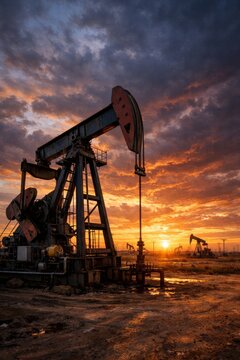 Oil pumpjack at sunset over industrial oil field with dramatic sky and reflection