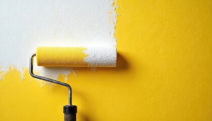 Obraz premium Paint roller applies white color onto yellow wall surface. Home improvement process changes wall color. Renovation work updates interior space.