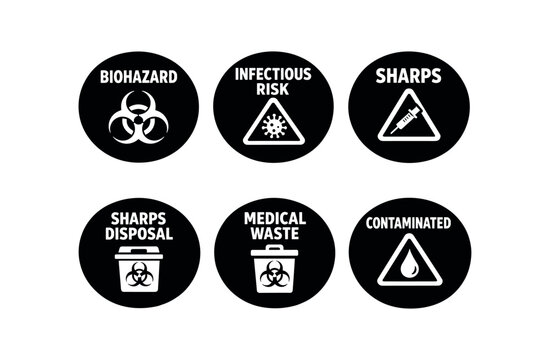 Six black circle safety icons showing biohazard symbol, infectious risk triangle, sharps triangle and syringe, sharps disposal bin, medical waste bin, and contaminated liquid warning.