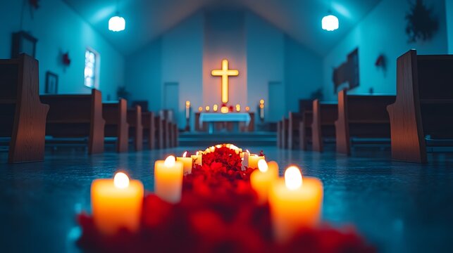 Candlelit Church Interior with Glowing Cross and Aisle Decorations.
