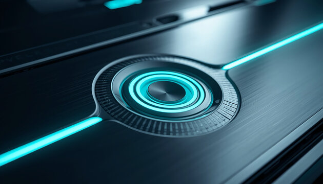 Neon dial, Cyan Control interface, close-up control knob, futuristic ui hardware, glowing cyan accents, brushed metal surface, concentric ring dial, industrial design detail