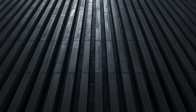 Obsidian ribs, Monochrome vertical fa&ccedil;ade, vertical louver facade, dark architectural ribs, monochrome exterior cladding, repetitive geometric pattern, minimalist building texture