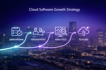 Fototapeta premium Cloud Software Growth Strategy Concept with Onboarding Engagement Analytics and Scaling Icons over City Background